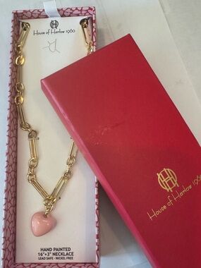 House of Harlow 1960 Gold Link Necklace with puffy pale pink Heart Accent-trendy